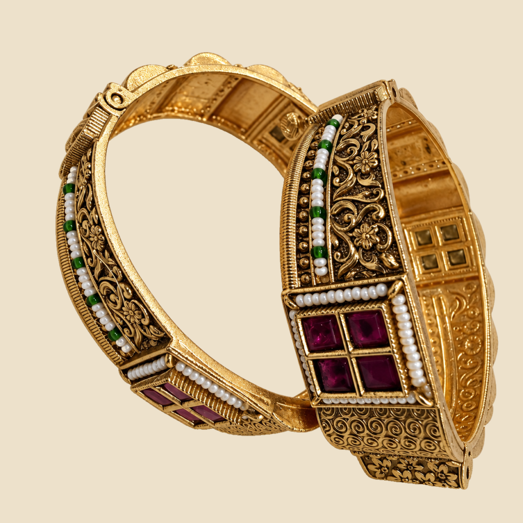 Traditional Gold-Plated Kada Bangle Set with Kundan and Meenakari Work
