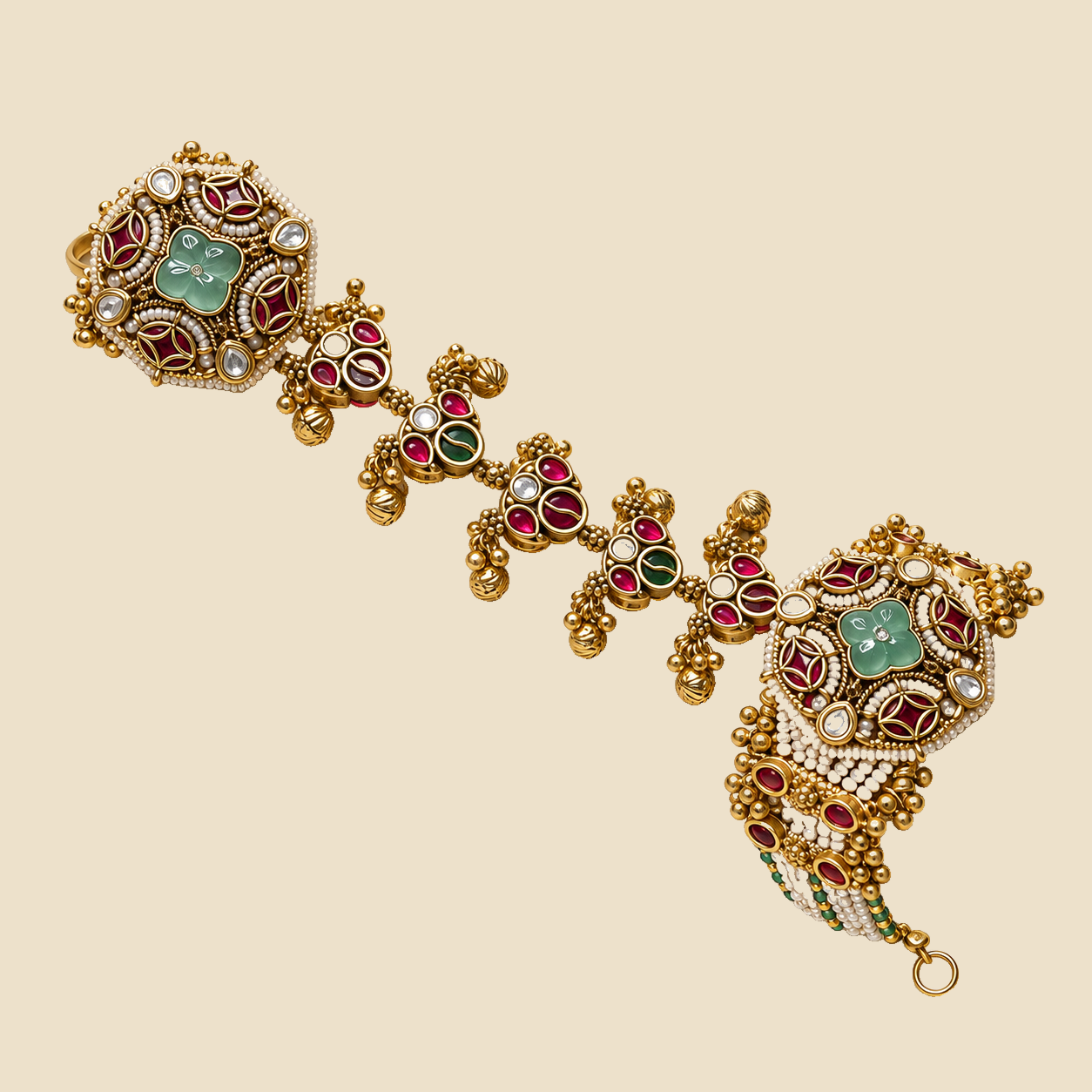 Antique Gold Plated Hand Harness with Green Stone - Traditional Bridal Hathphool Jewelry - Image 4