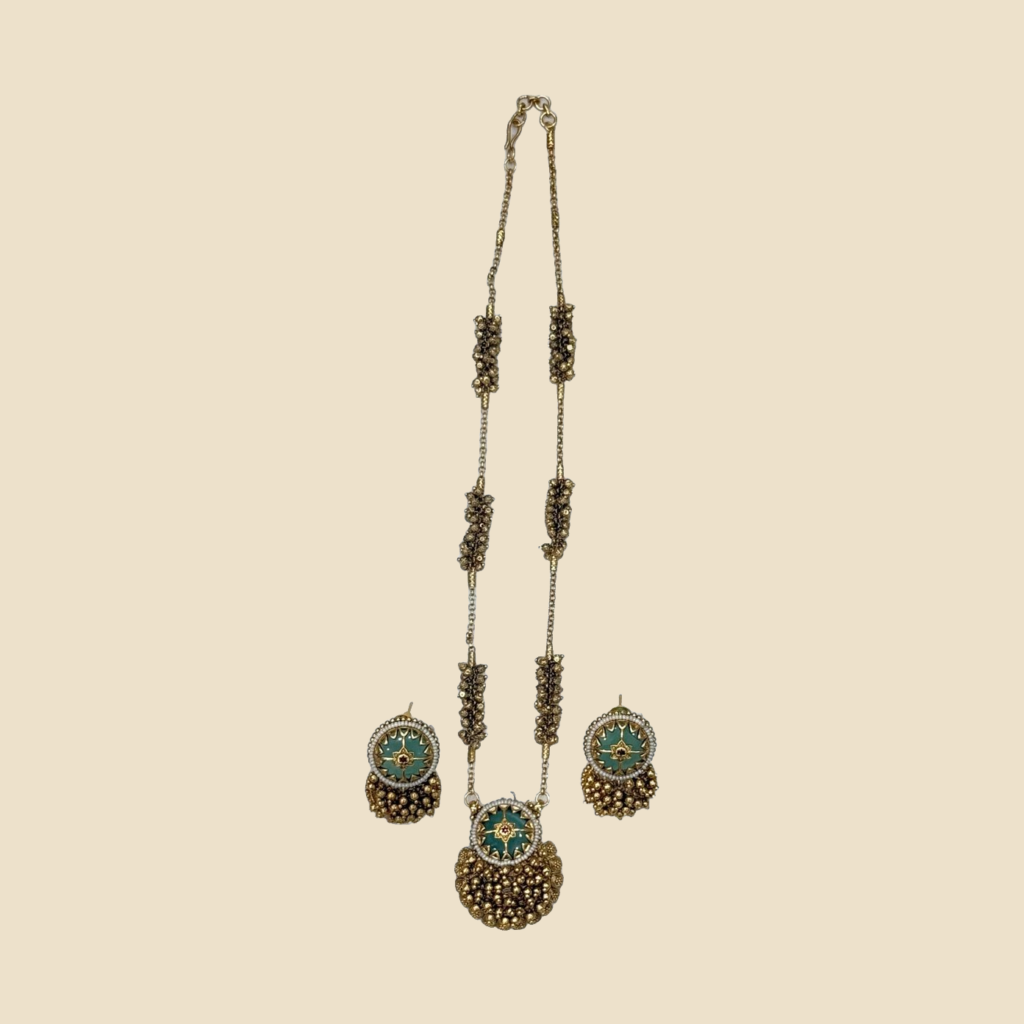 Traditional Gold-Toned Necklace and Earring Set with Green Stones