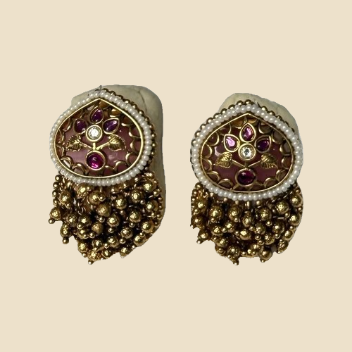 Traditional Antique Gold Plated Stud Earrings with Maroon Stone and Beaded Tassel
