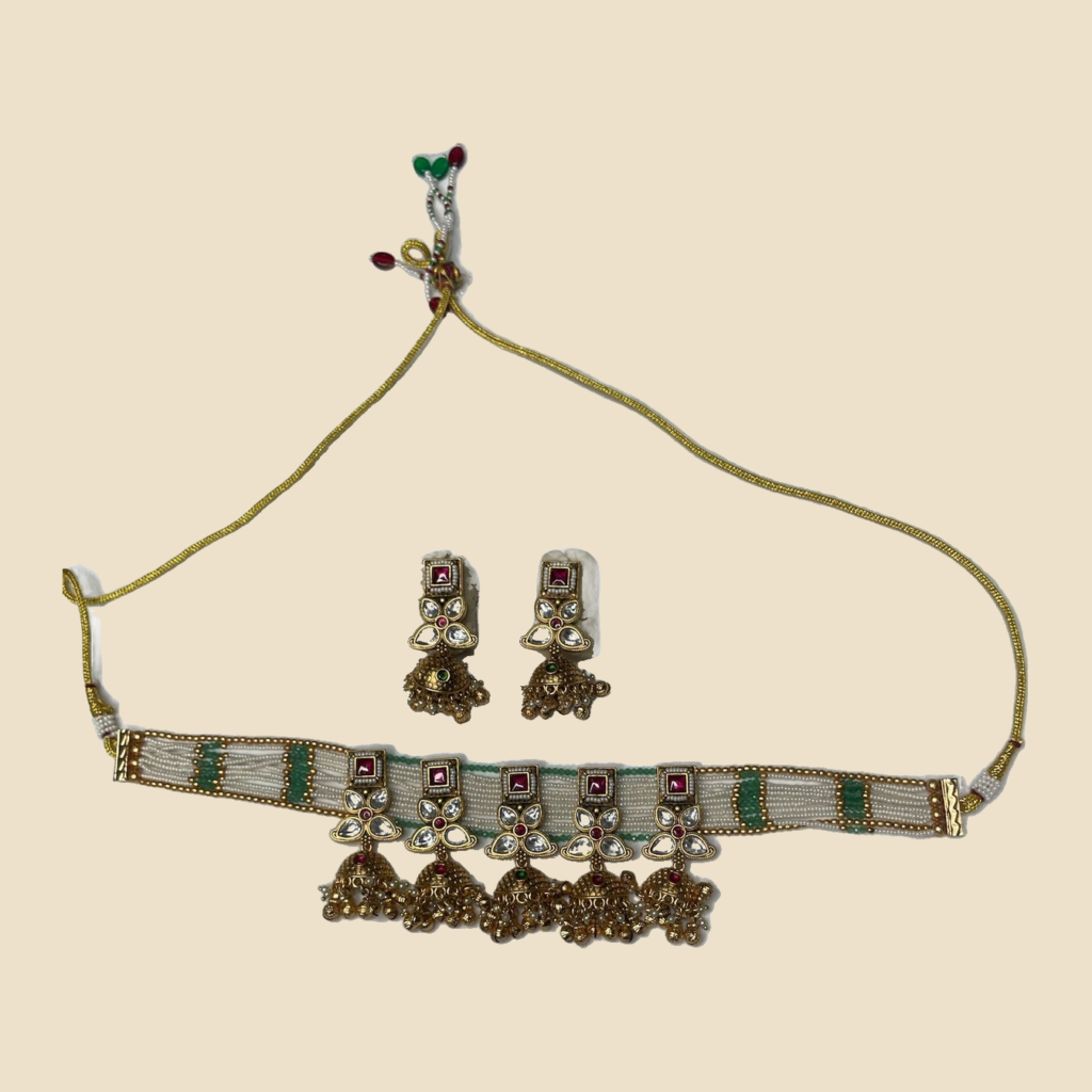 Kundan and Meenakari Choker Necklace Set with Matching Earrings