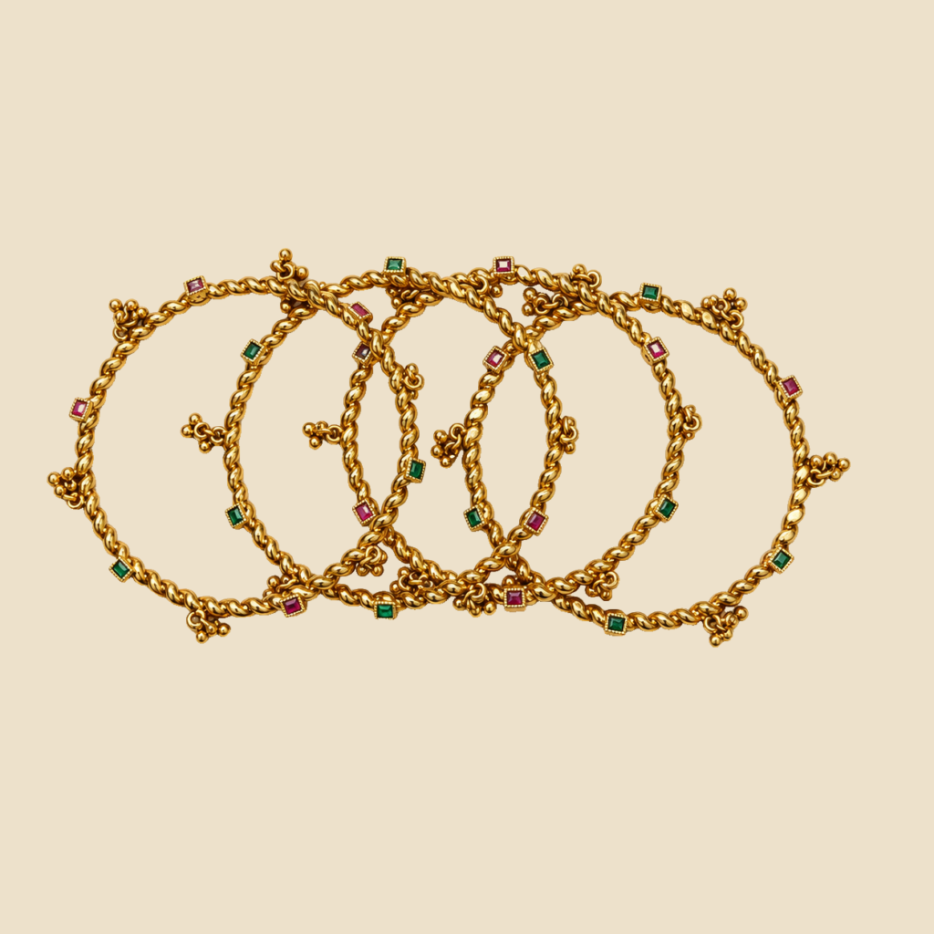 Traditional Gold-Plated Twisted Bangles with Colored Stones (Set of 4)