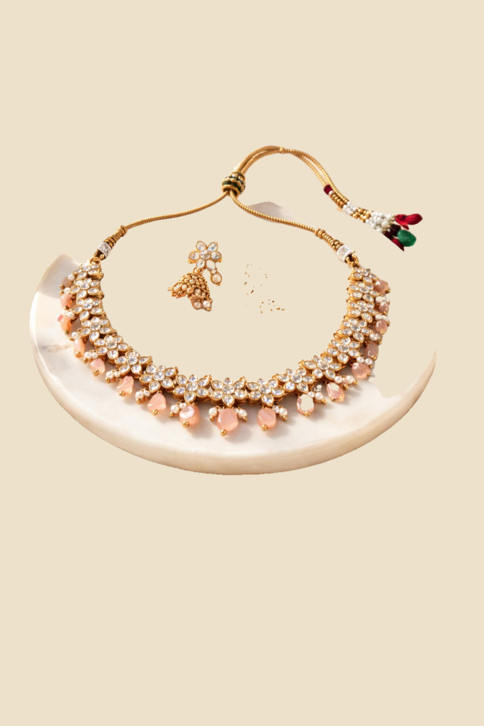 Pink Stone Studded Kundan Necklace Set with Earrings and Maang Tikka
