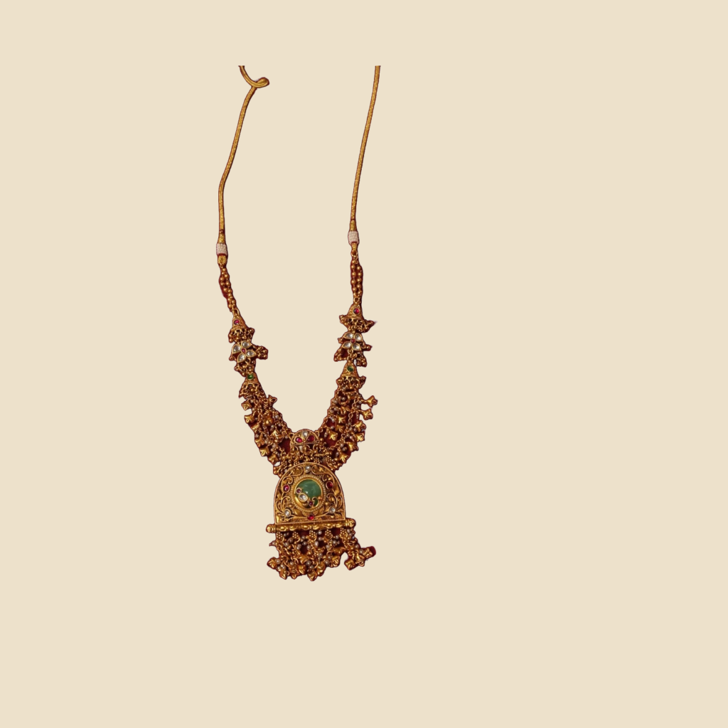 Traditional Gold-Toned Temple Necklace with Green Stone Pendant