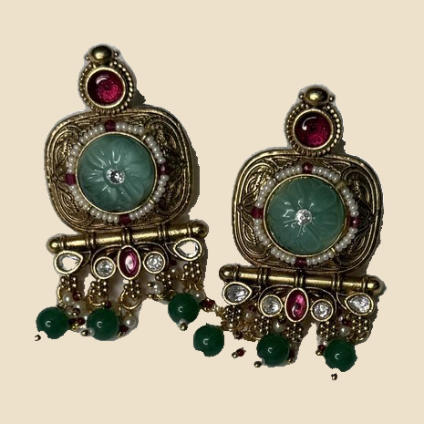 Elegant Gold-Plated Kundan Earrings with Turquoise and Ruby Stones