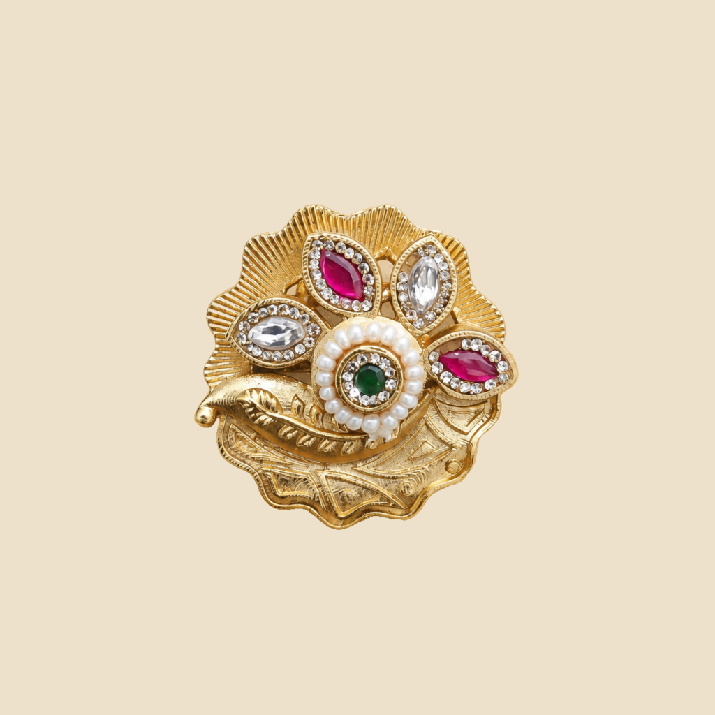 Gold-Tone Floral Navratna Statement Ring