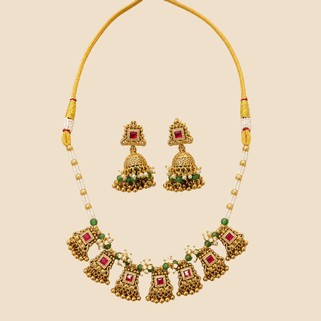 Antique Gold Ruby Square Charm Necklace Set