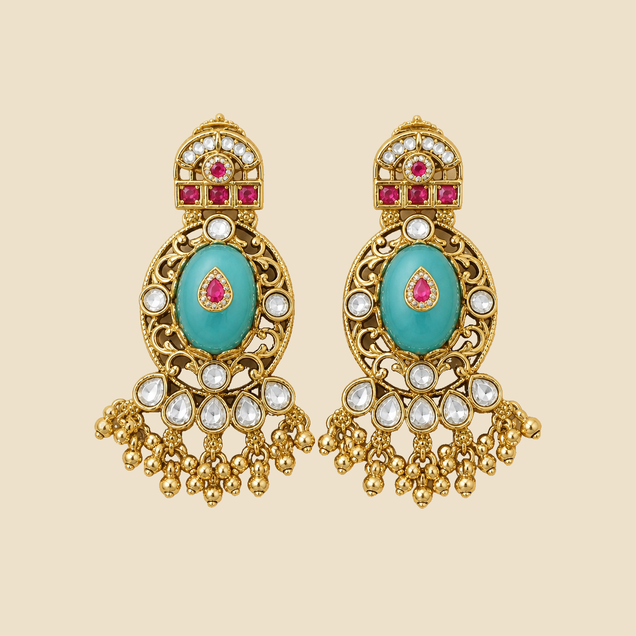 Antique Gold Teal Ruby Oval Statement Earrings