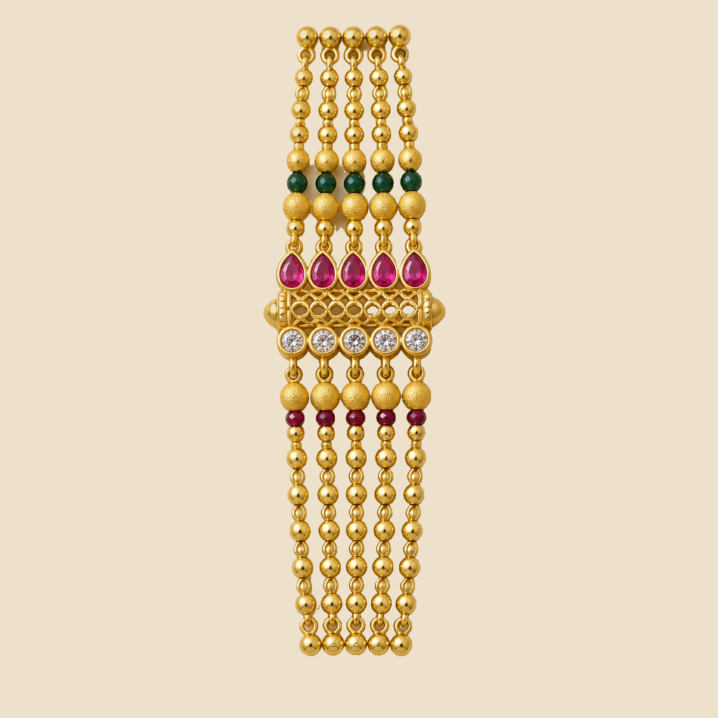 Traditional Gold-Plated Multi-Strand Bracelet with Ruby, Emerald, and Pearl Embellishments