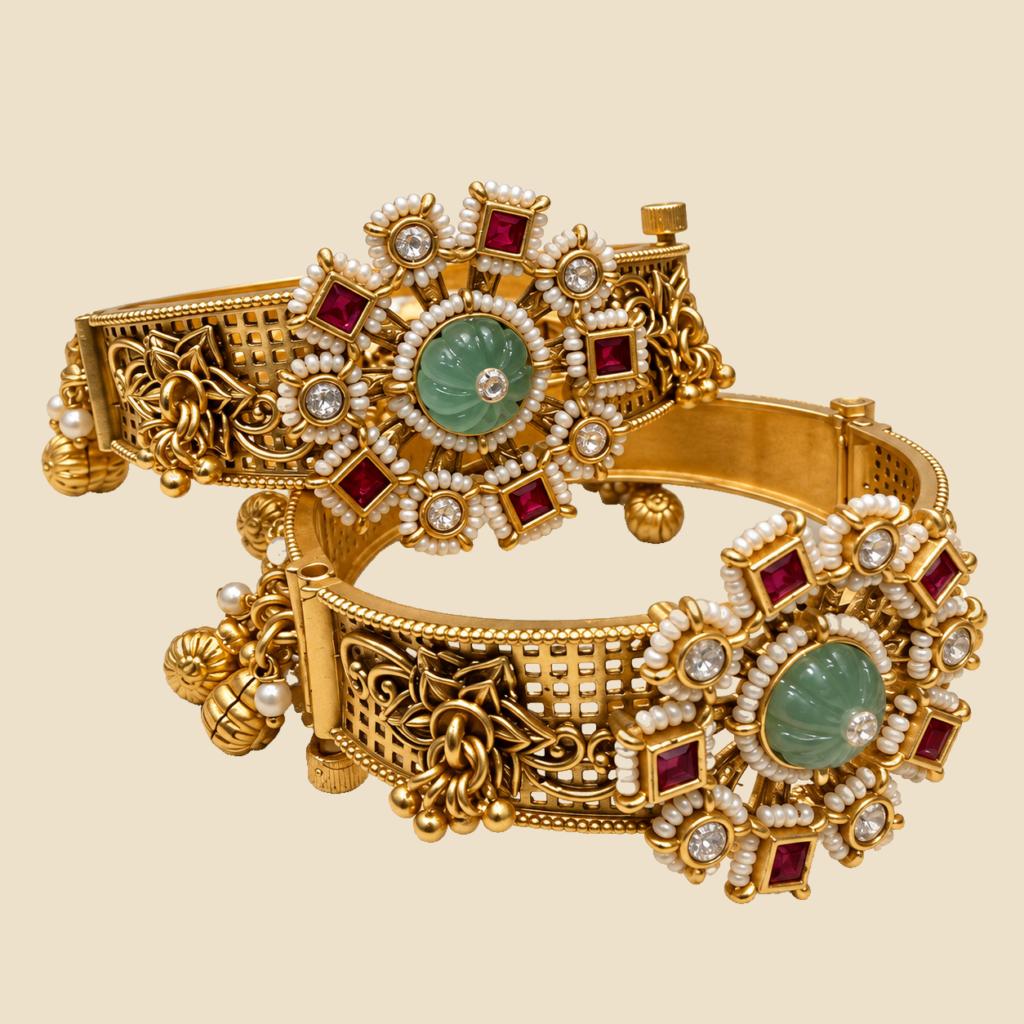 Traditional Gold-Plated Bangles with Green Stone and Pearl Embellishments