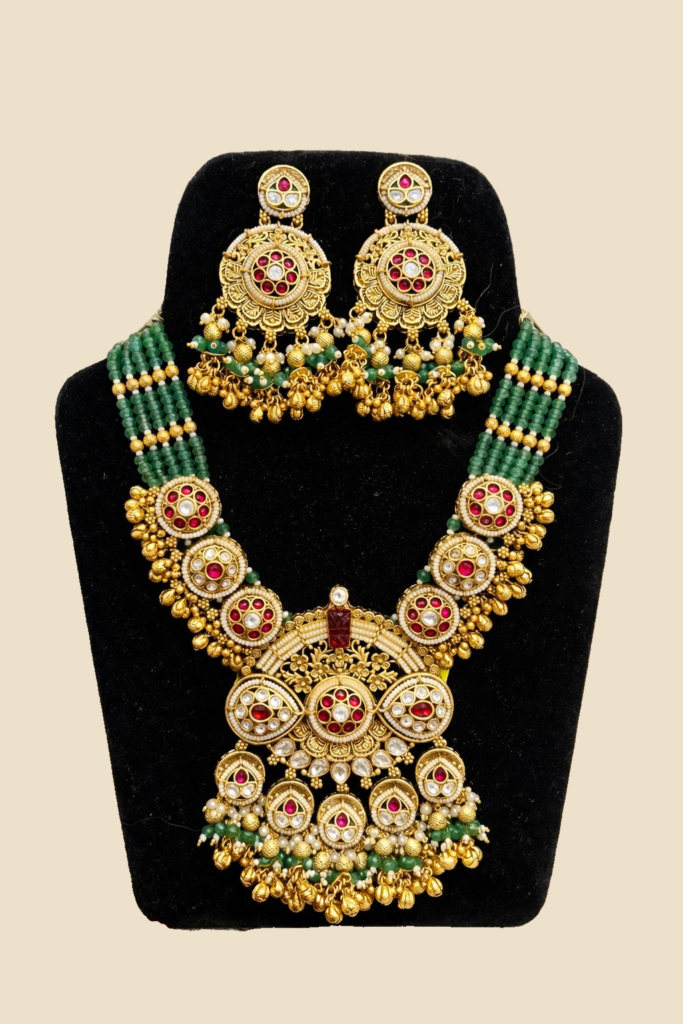 Traditional South Indian Temple Jewellery Necklace and Earrings Set with Green Beaded Strap