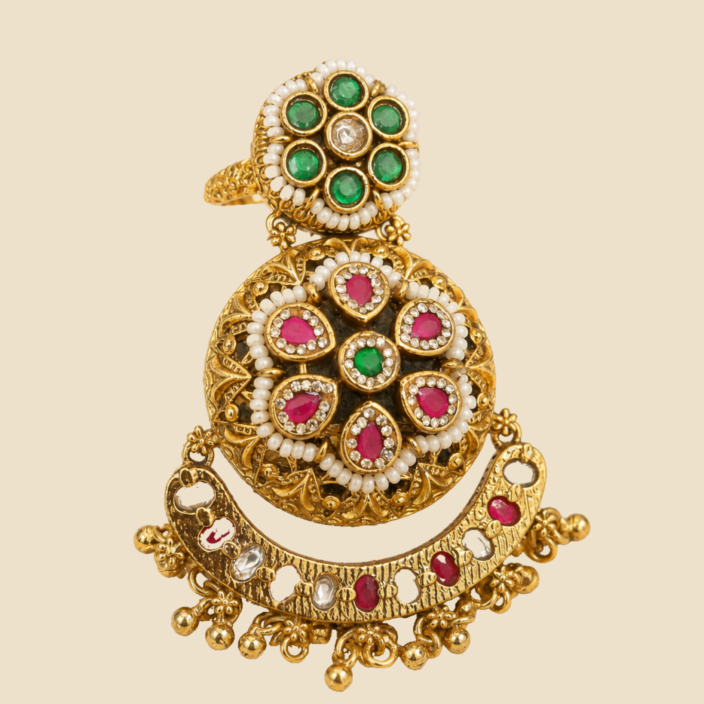 Antique Gold Ruby Green Crescent Drop Statement Ring