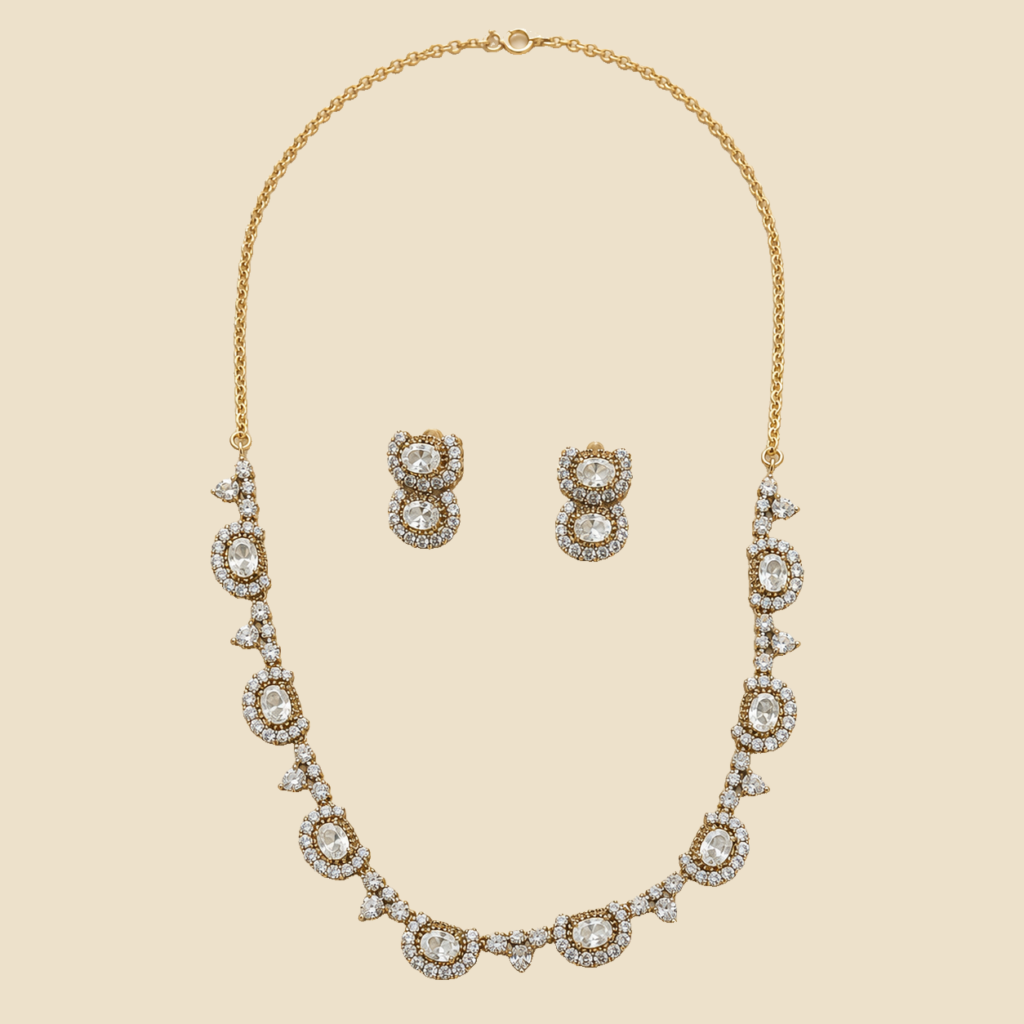 Gold-Tone Crystal Halo Necklace and Earring Set