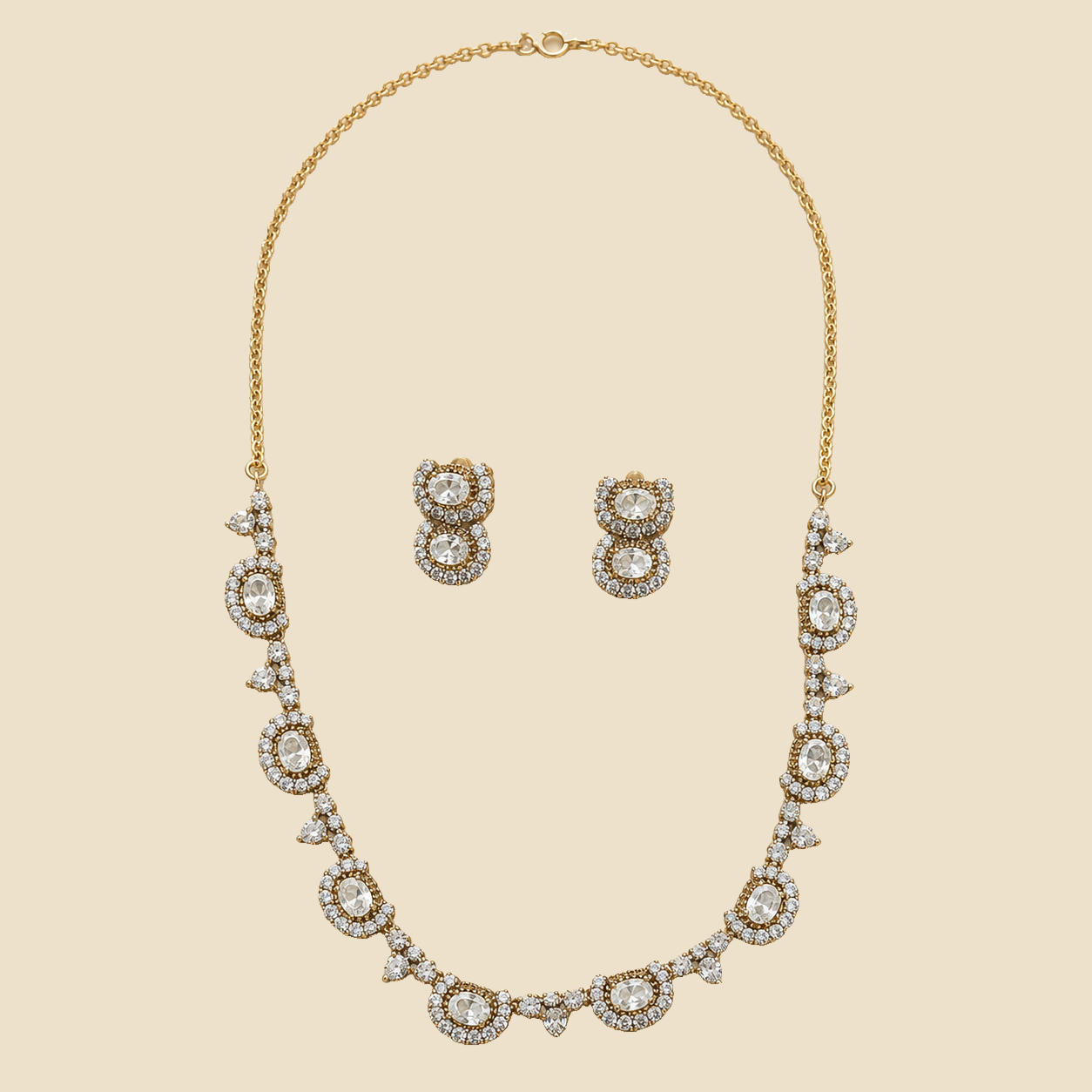Gold-Tone Crystal Halo Necklace and Earring Set