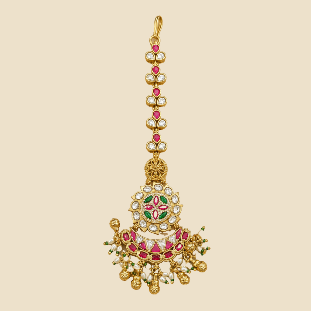 Antique Gold Ruby Green Lotus Crescent Maang Tikka
