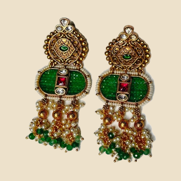 Traditional Green Meenakari Kundan Necklace Set with Jhumka Earrings - Image 3