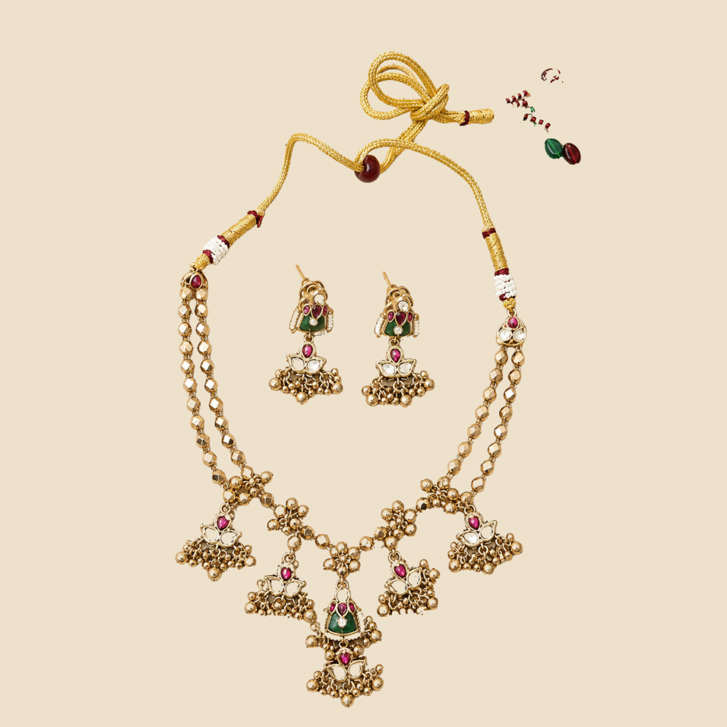 Gold-Tone Lotus Drop Necklace and Earring Set