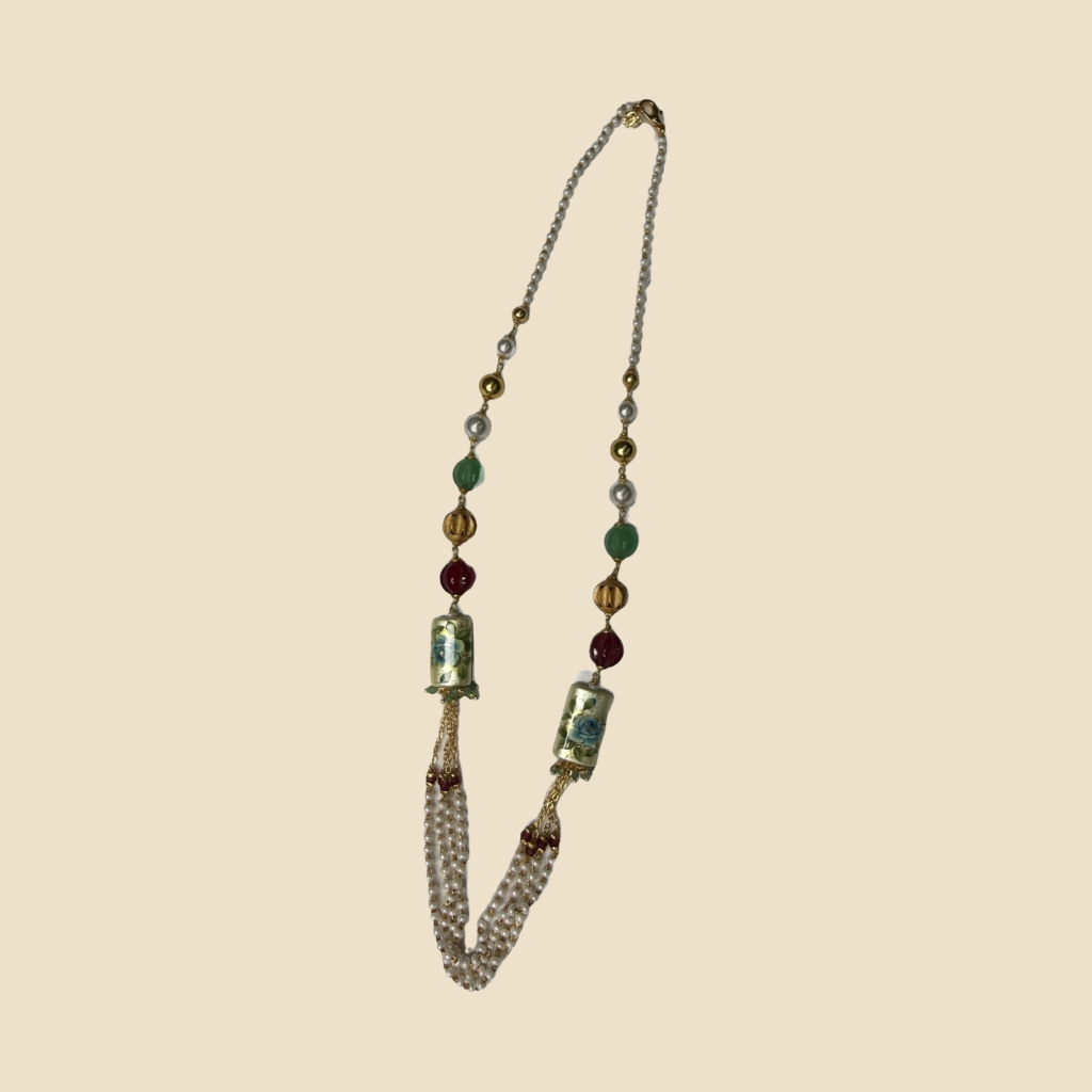 Decorative Pearl and Gemstone Tassel Necklace with Ethnic Cylinder Beads