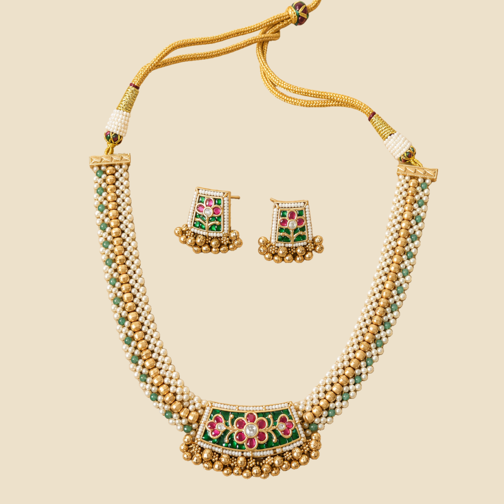 Antique Gold Ruby Floral Green Choker Set