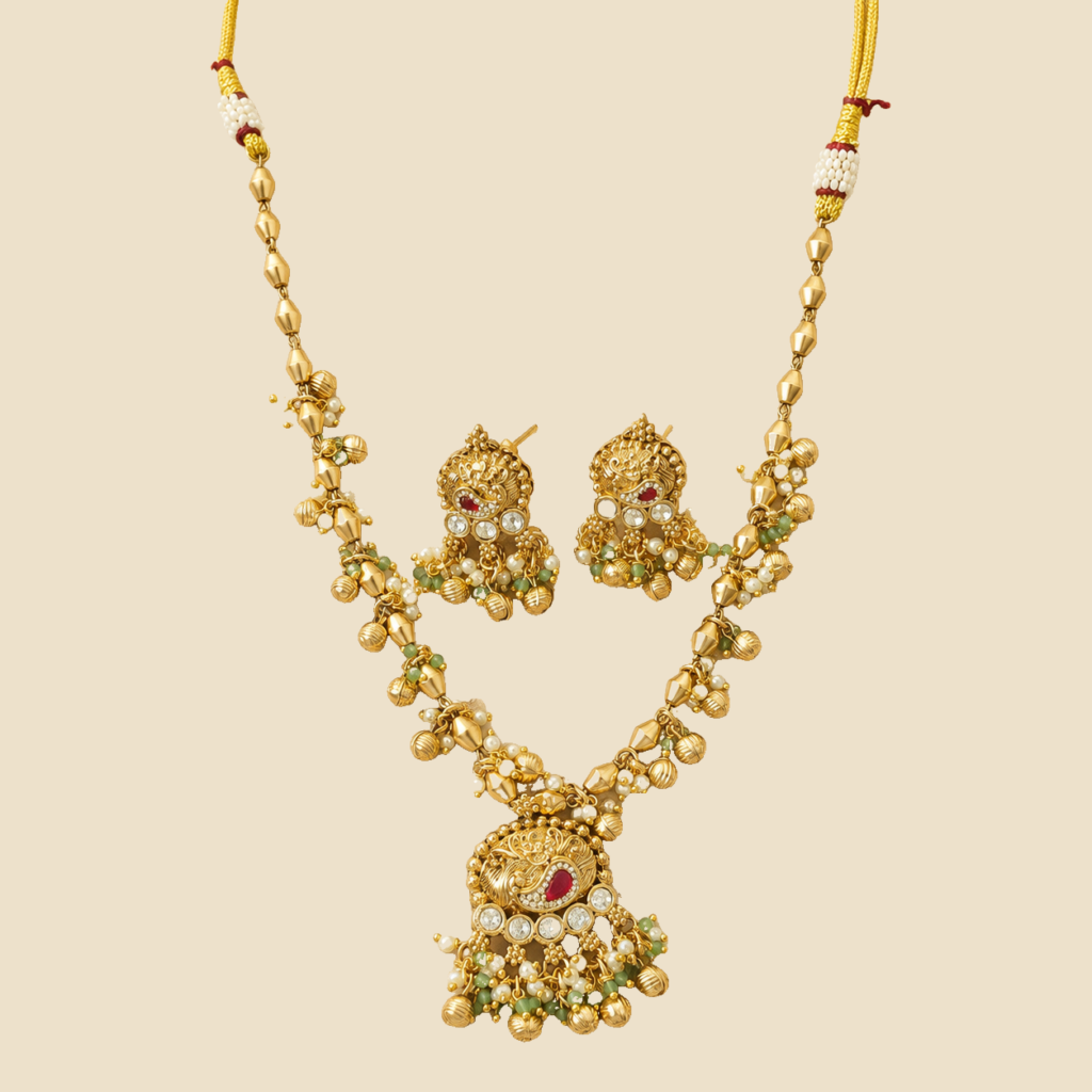 Antique Gold Peacock Ruby Mint Necklace Set