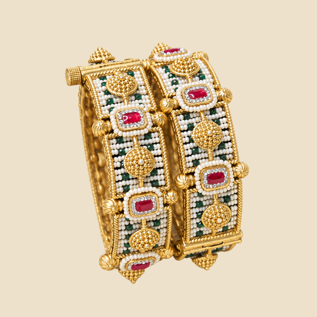 Traditional Gold-Plated Kundan Bangles with Ruby and Emerald Accents (Set of 2)
