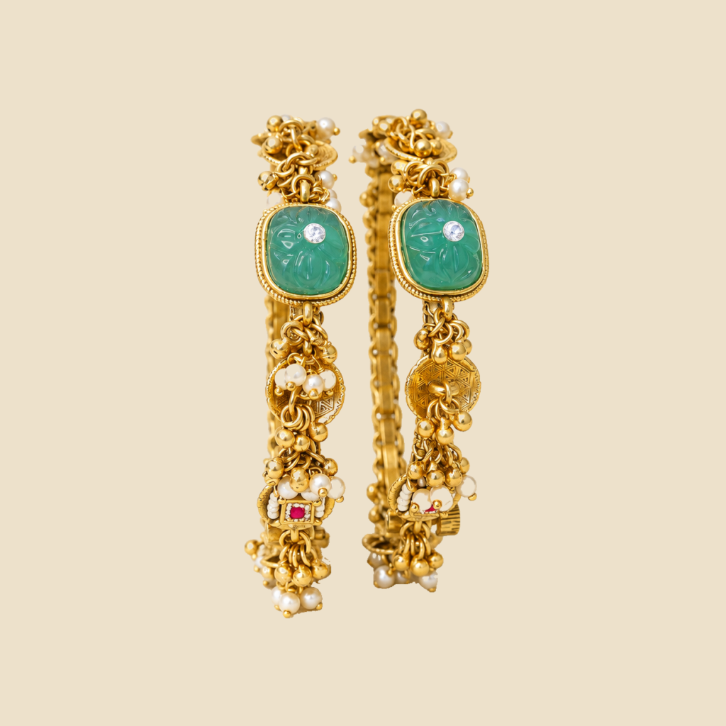 Elegant Gold-Toned Turquoise Stone Bracelet Set (Pair)