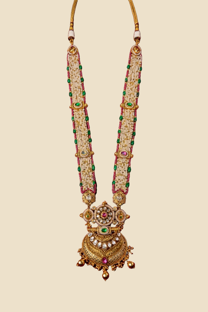 Traditional Gold-Plated Pearl & Emerald Long Necklace Set with Chandbali Pendant
