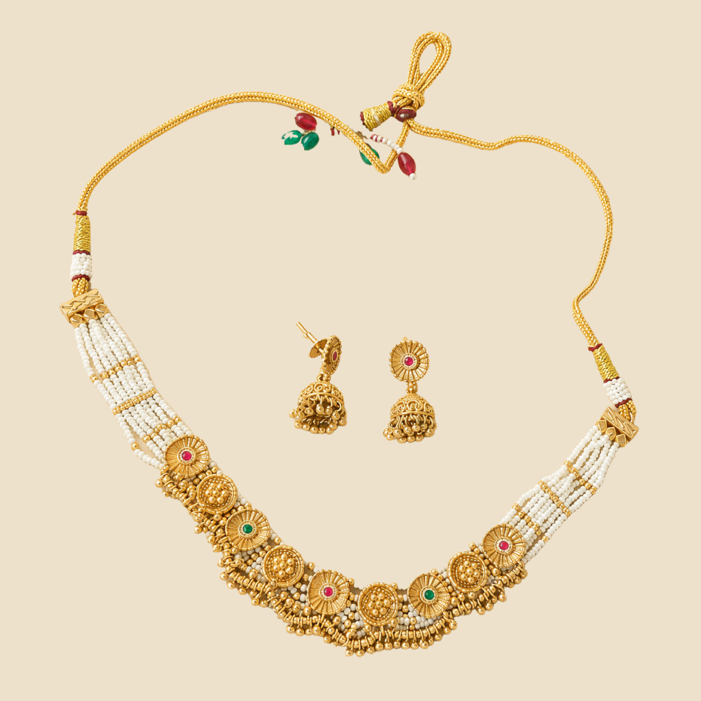 Antique Gold Pearl Medallion Choker Set