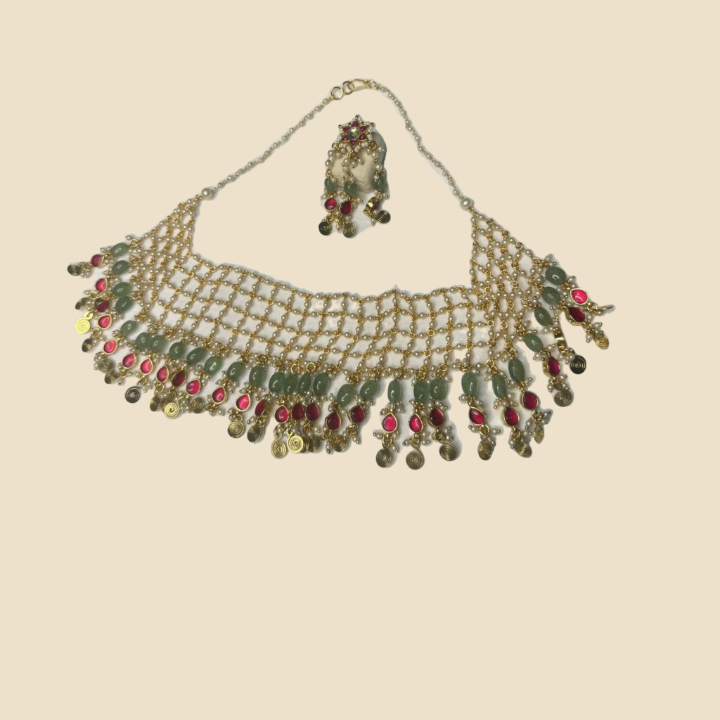 Traditional Gold-Toned Choker Necklace Set with Green and Red Gemstone Accents