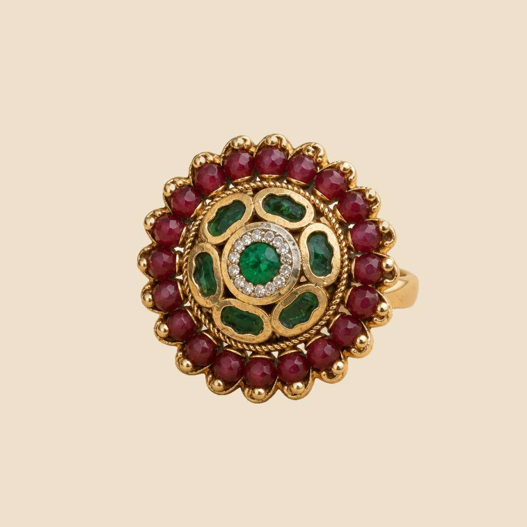 Antique Gold Ruby Green Halo Statement Ring