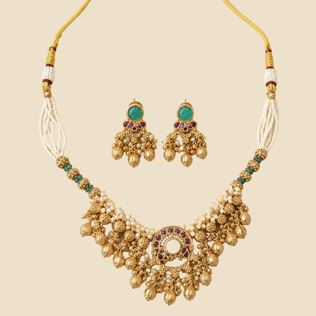 Antique Gold Teal Purple Pearl Necklace Set