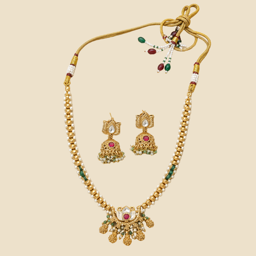 Antique Gold Kundan Lotus Necklace Set