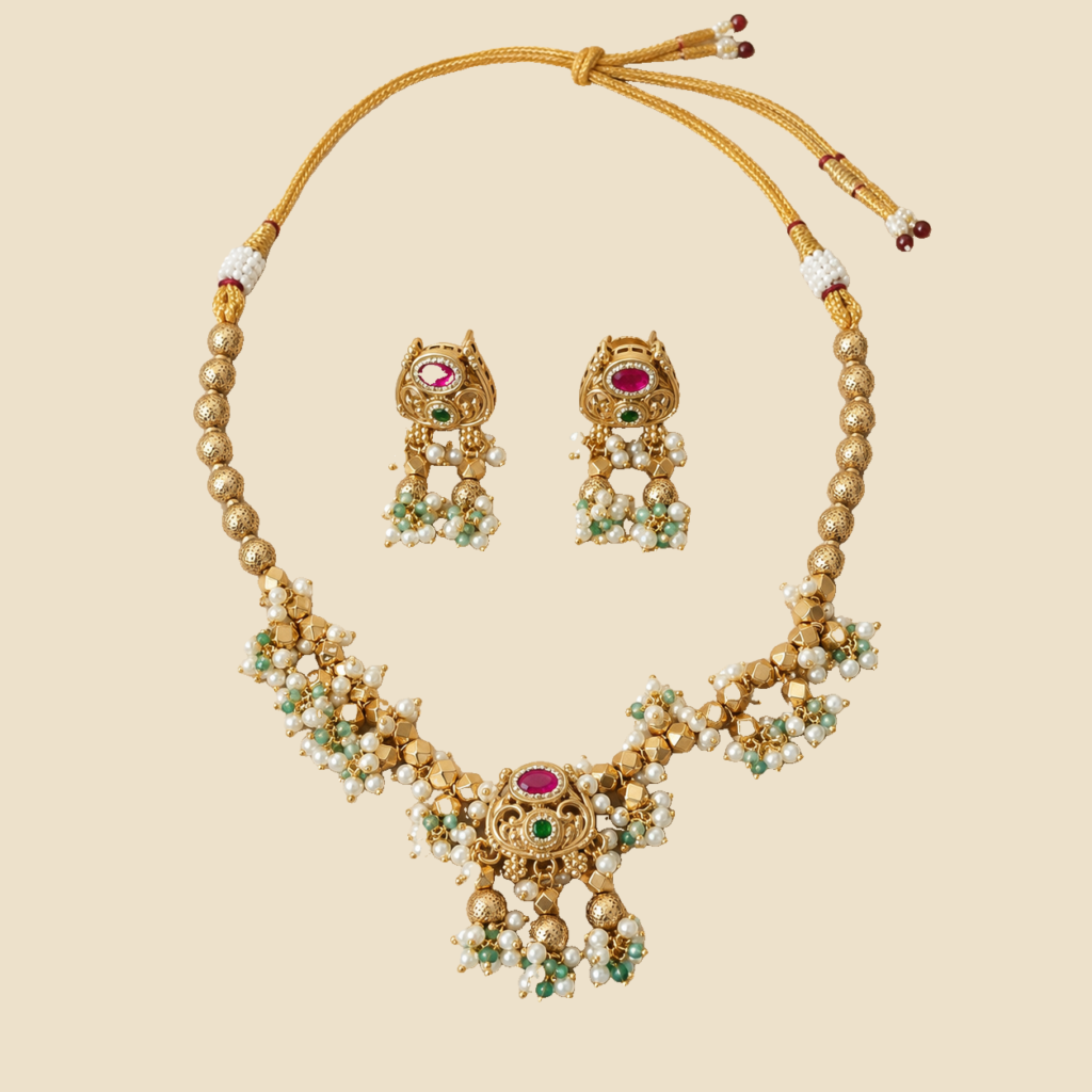 Antique Gold Mint Pearl Beaded Necklace Set