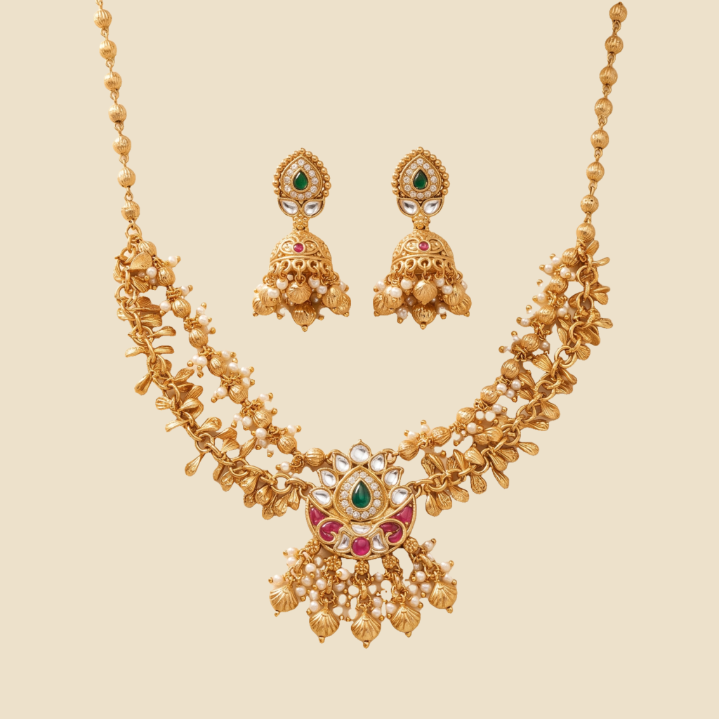 Antique Gold-Tone Kundan Lotus Necklace Set with Jhumka Earrings