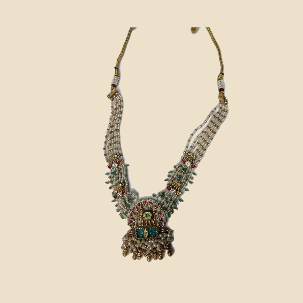 Traditional Multi-Strand Pearl Necklace Set with Kundan Pendant and Earrings