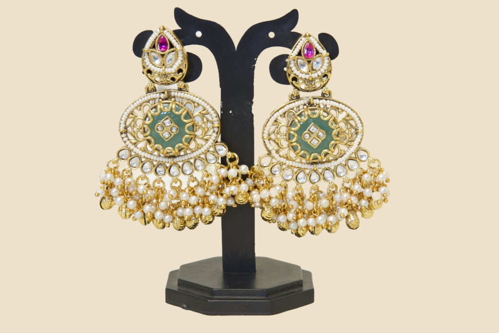 Traditional Gold-Toned Chandbali Earrings with Green Enamel and Pearl Jhumka