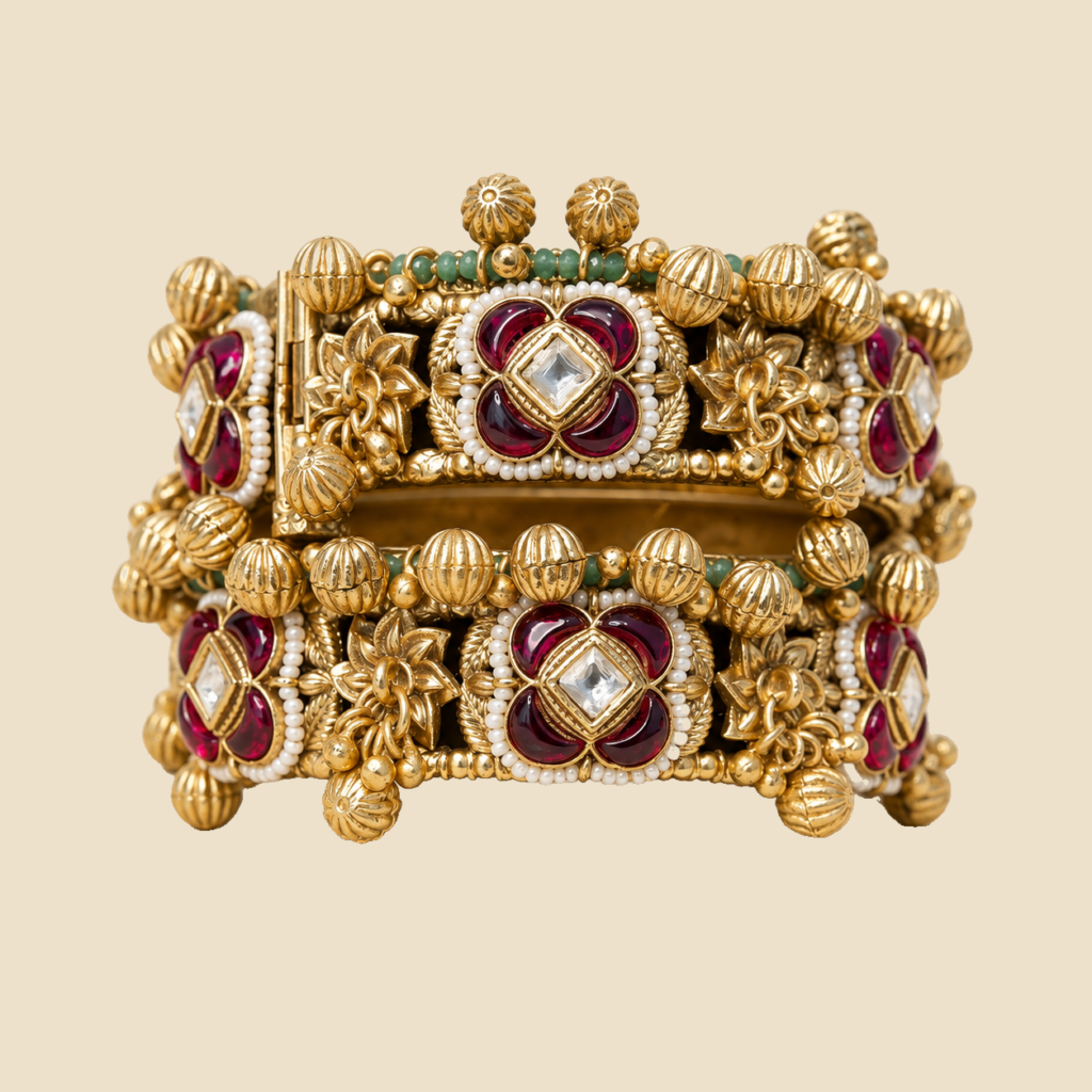 Traditional Gold-Toned Bangles with Ruby, Emerald, and Kundan Work (Set of 2)