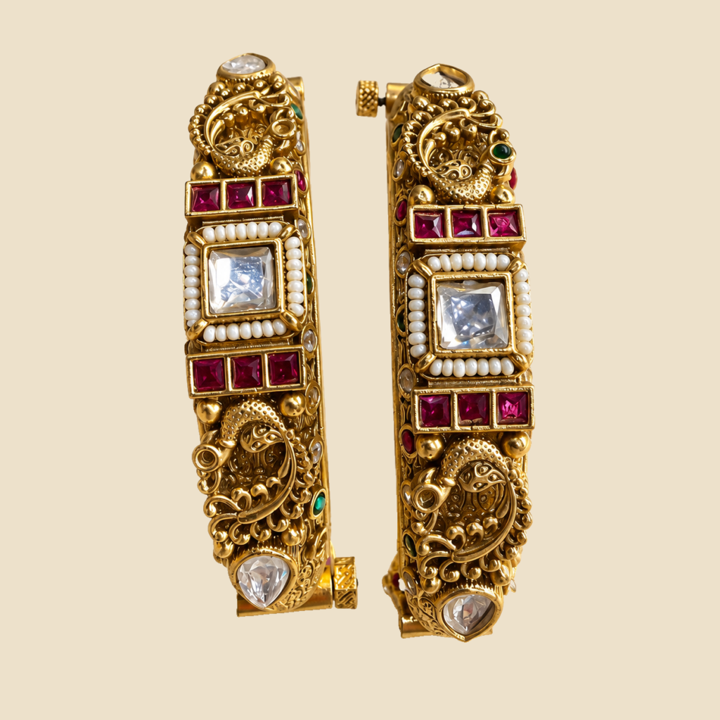 Antique Gold Kundan Bangles with Ruby and Pearl Detailing (Set of 2)