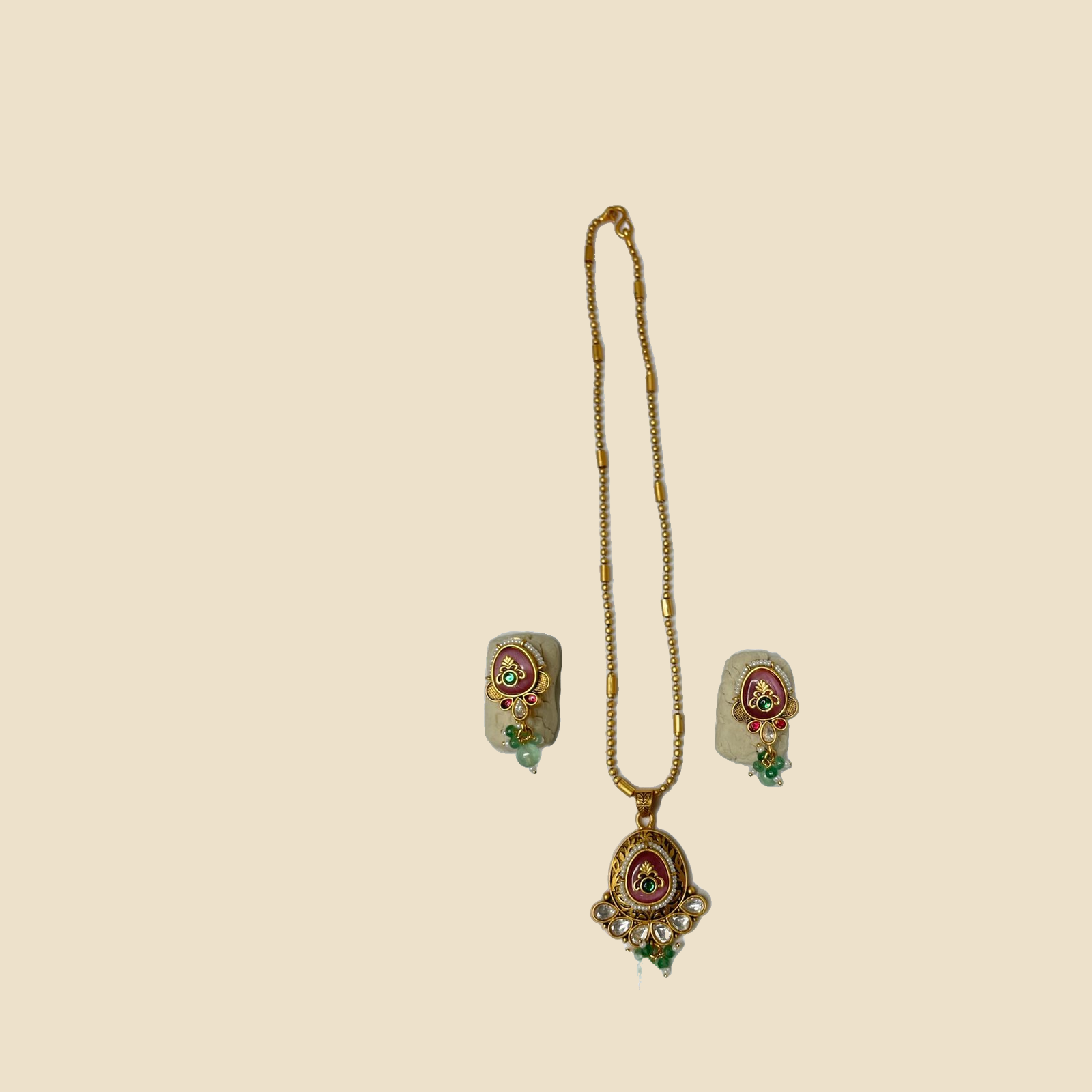 Traditional Golden Pendant Set with Red Stone and Green Beads - Image 2