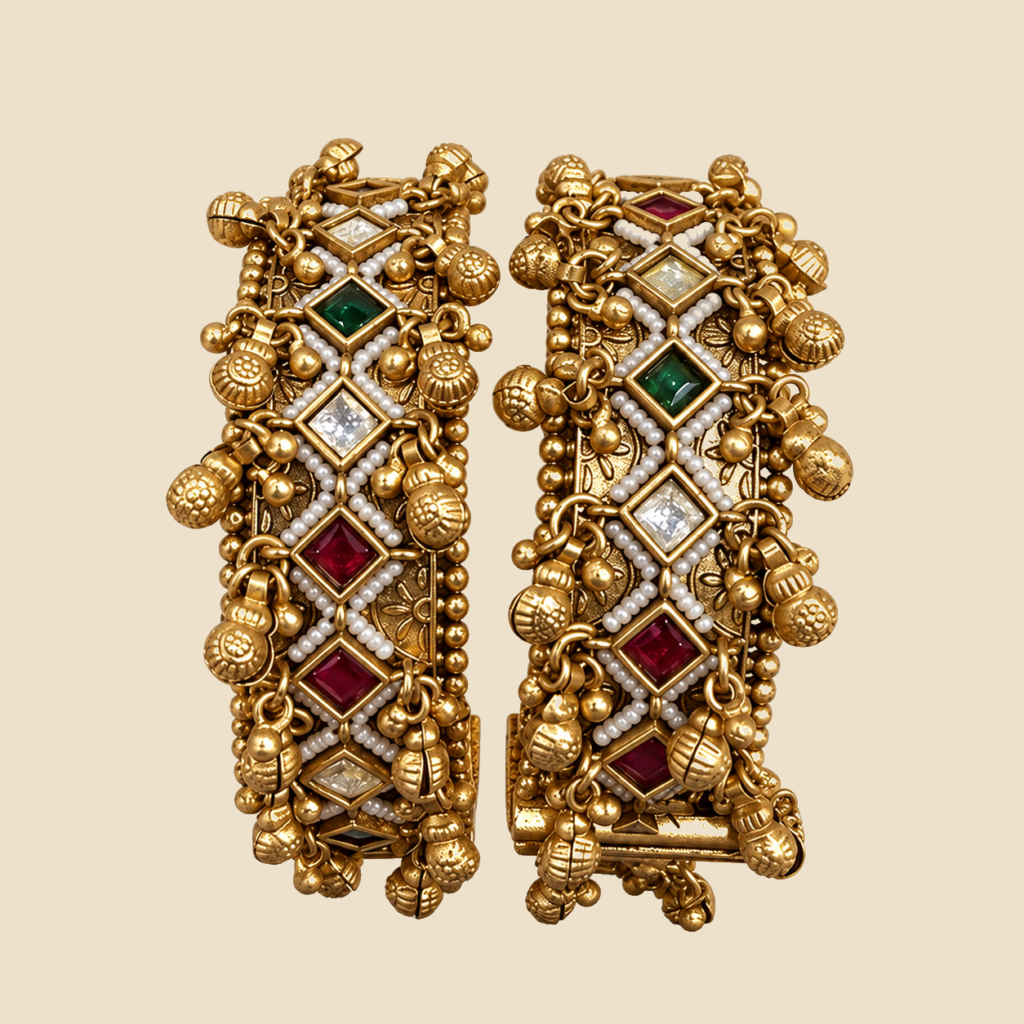Traditional Gold-Plated Bangles with Multicolored Gemstones