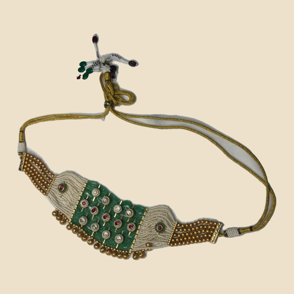 Green & Gold Traditional Beaded Choker Necklace Set with Jhumka Earrings