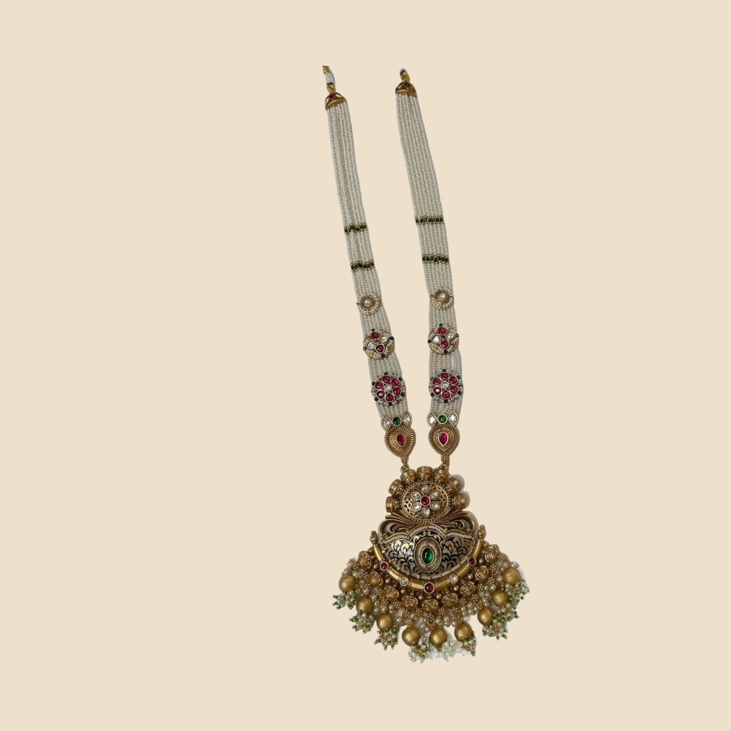 Traditional Gold-Toned Kundan Pearl Necklace Set with Jhumka Earrings
