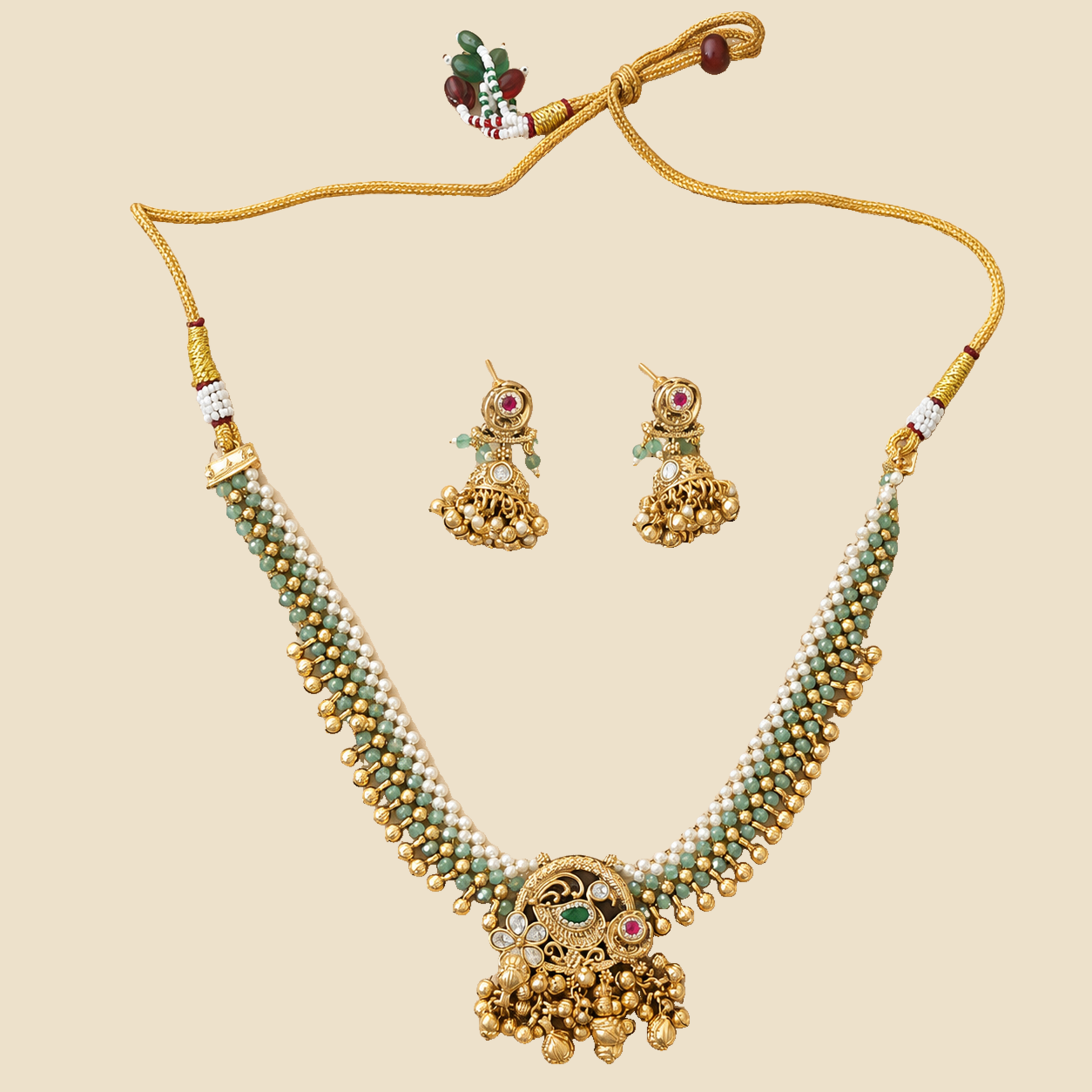 Antique Gold Mint Pearl Peacock Necklace Set