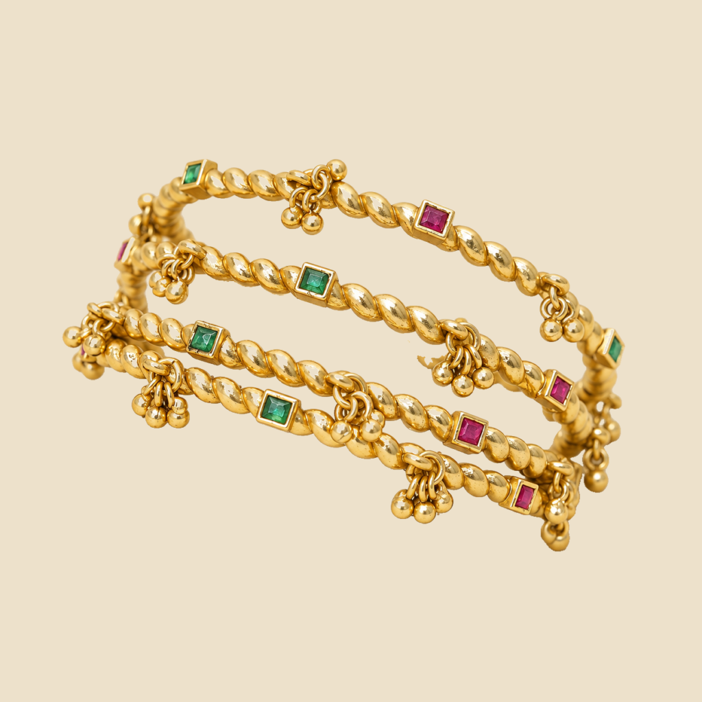 Traditional Gold-Plated Pearl Bangles with Gemstone Accents (Set of 4)