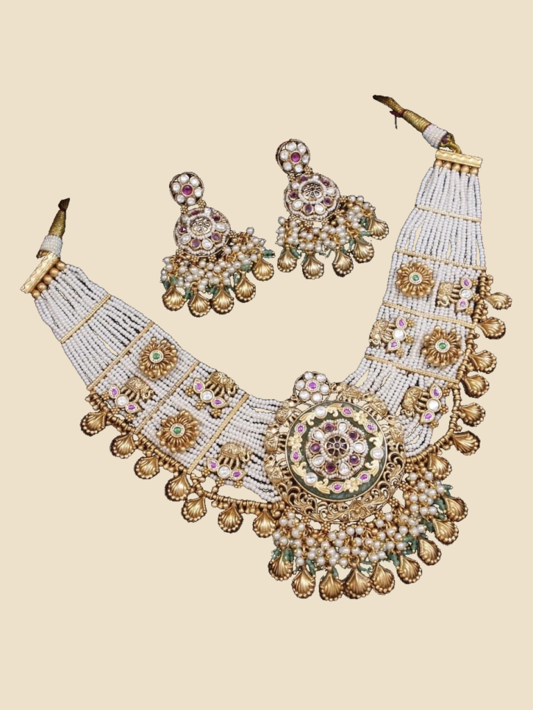 Pearl-Strand Kundan Necklace Set with Green Bead Drops