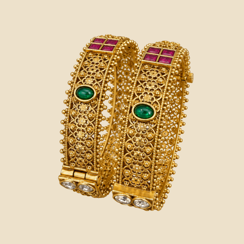 Traditional Gold-Plated Kundan Bangles with Green and Pink Stones (Set of 2)
