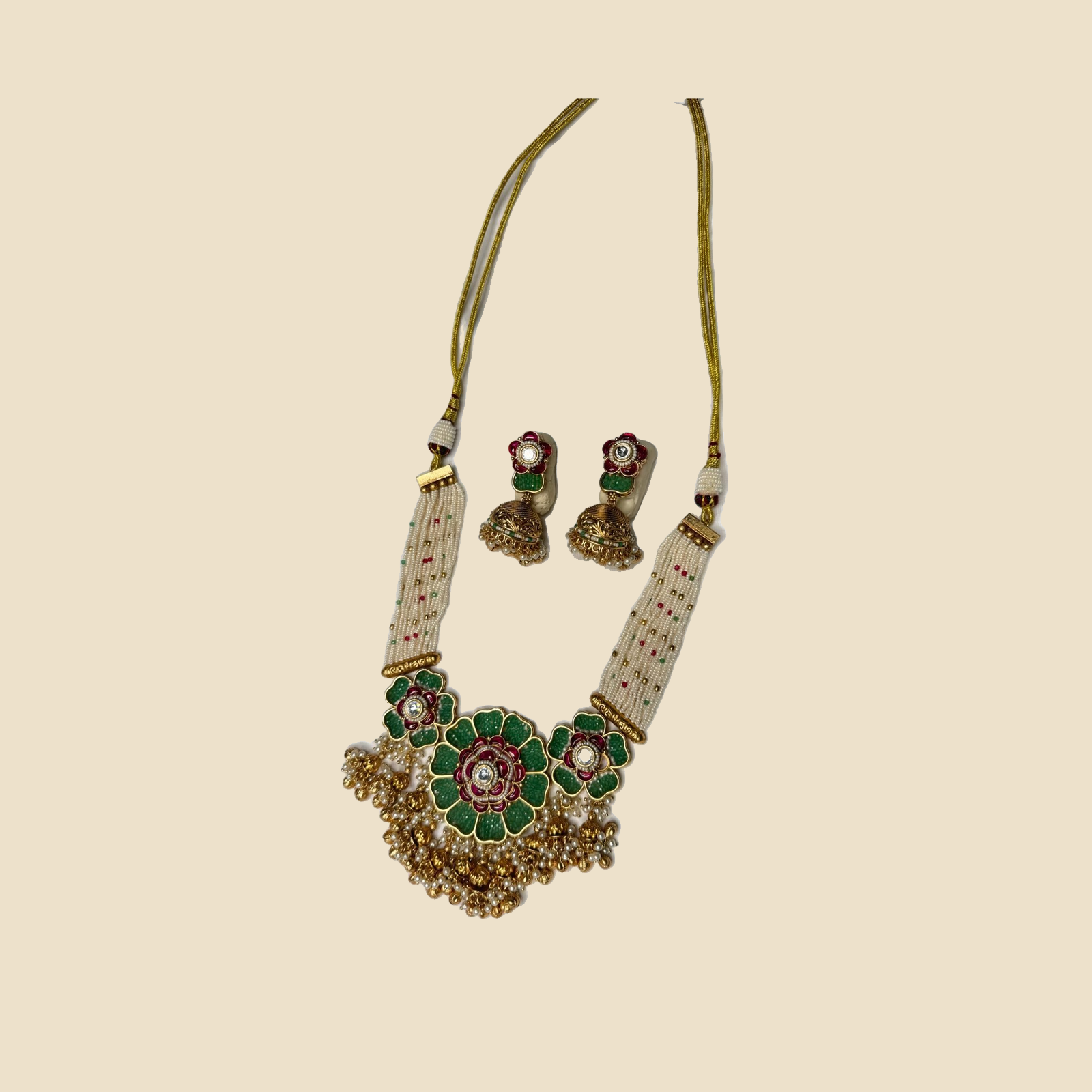 Traditional Green Kundan Necklace Set with Gold Beaded Tassels and Matching Jhumka Earrings
