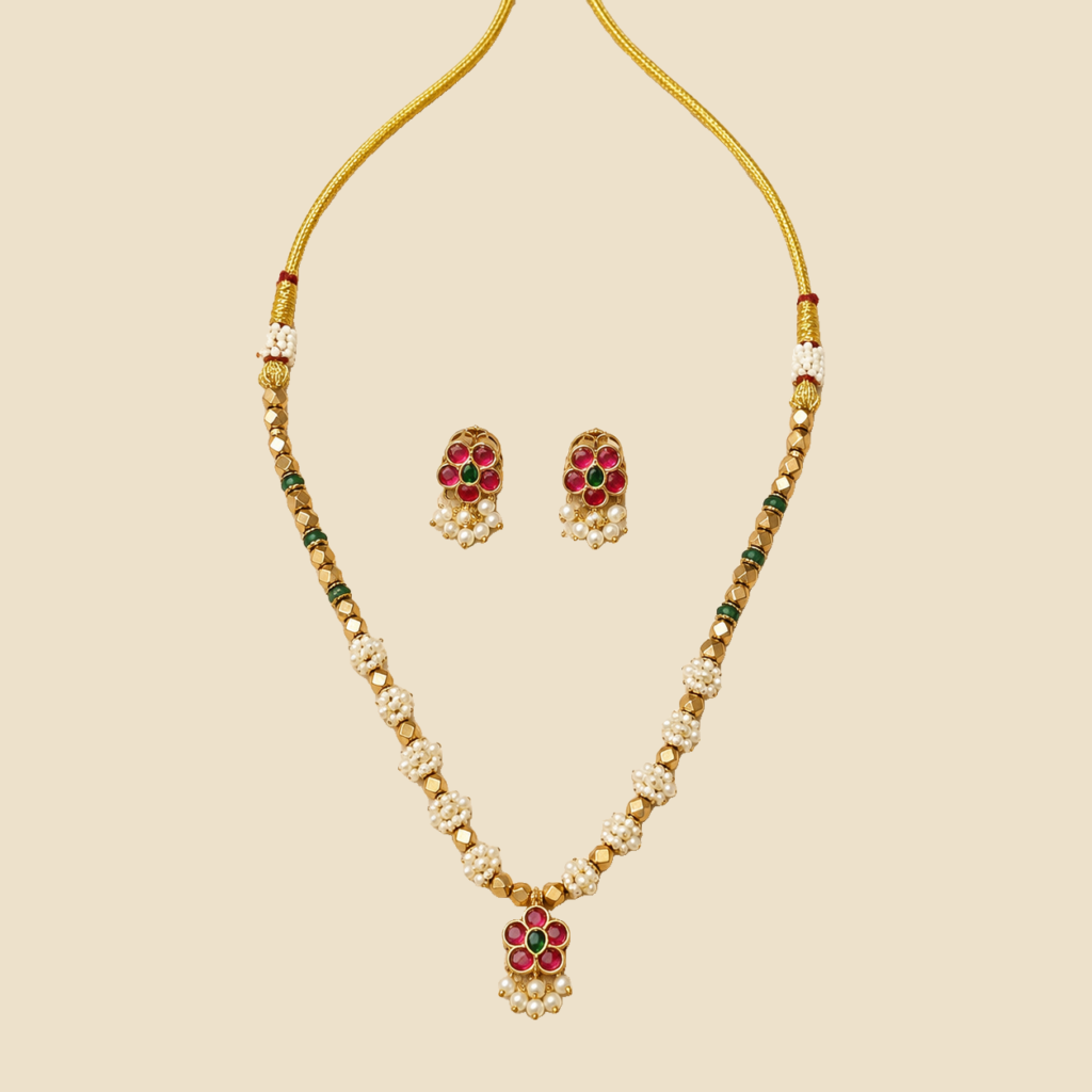 Ruby Green Floral Pearl Necklace and Earring Set