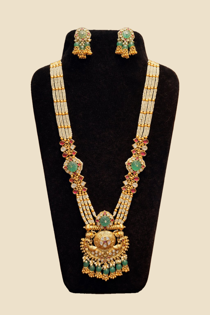 Traditional Pearl and Green Stone Necklace Set with Matching Earrings