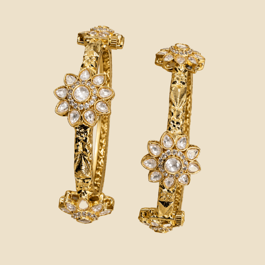 Gold-Plated Floral Kundan Bangles - Set of 2